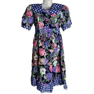 Vintage Gingham Floral Twirl Dress Girls 10 Blue Puff Sleeve Tie Waist Modest